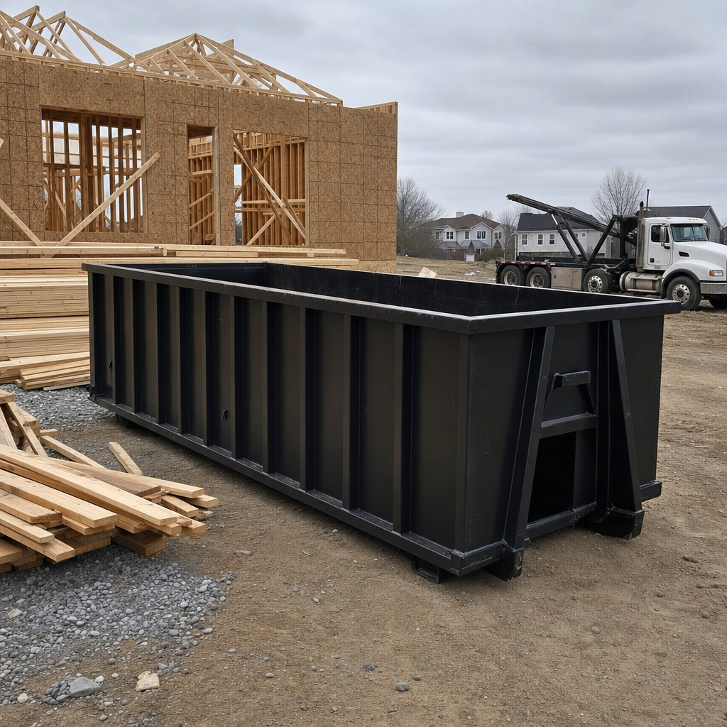 Matte-black 40-yard roll-off dumpster staged on a framed-out residential construction site in Atlanta, framing lumber stacked nearby, hooklift delivery truck visible in the background under bright Colorado daylight