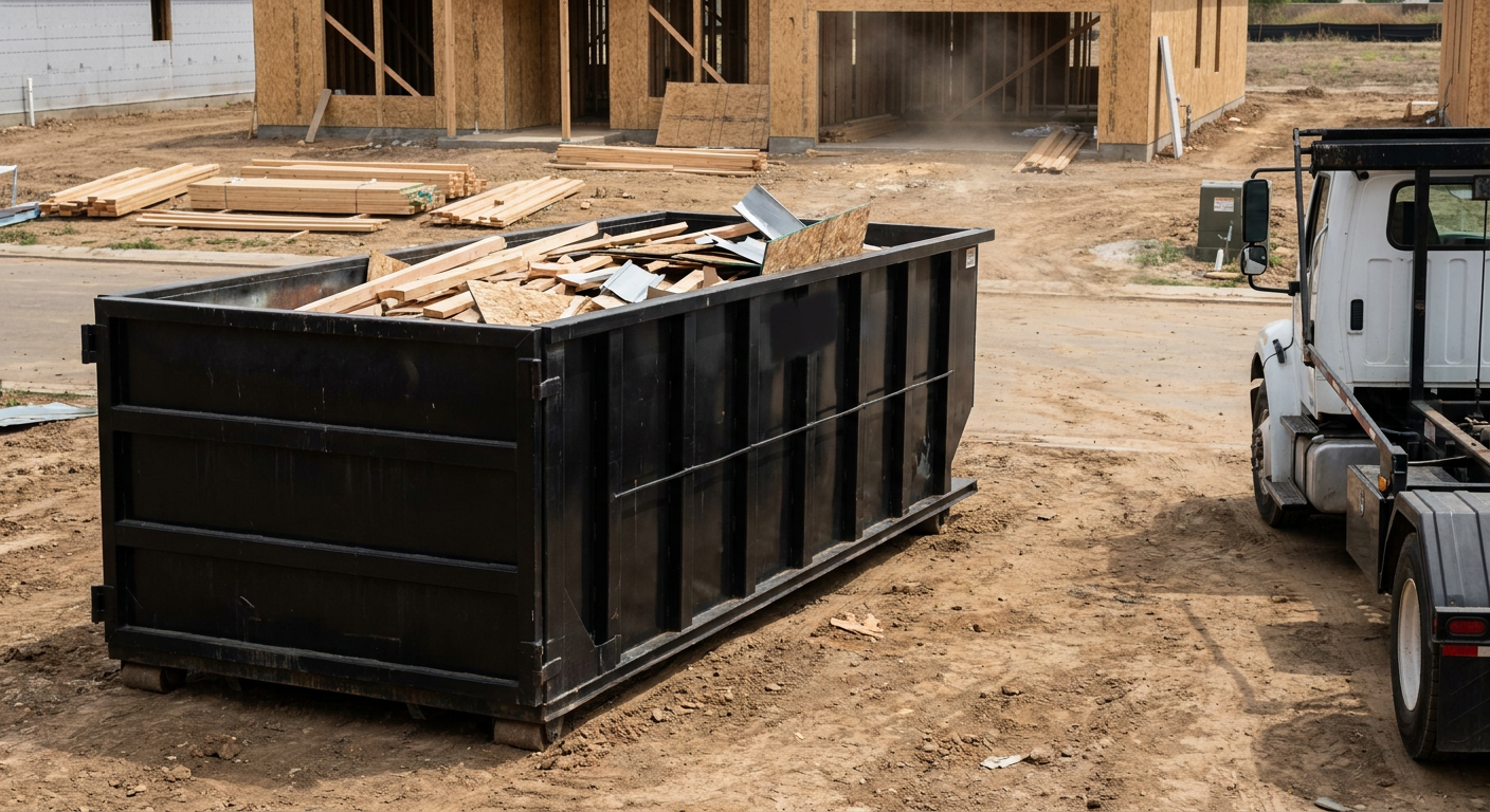 Matte-black 20-yard roll-off construction dumpster with heavy ribbed steel sidewalls and swing rear doors at a working jobsite in Atlanta, sitting directly on compacted dirt with an unmarked white hauler partially visible at the far edge of the frame.