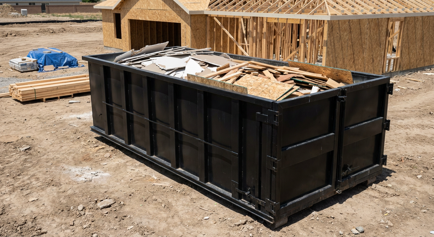 Matte-black 30-yard roll-off construction dumpster sitting directly on the compacted-dirt site of a framed single-family home build in Atlanta, drywall and lumber scrap loaded inside.