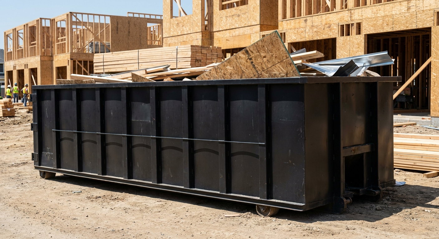 Matte-black 40-yard roll-off construction dumpster being lowered from a white-cab hooklift delivery truck onto the compacted-dirt jobsite at a commercial build site in Atlanta