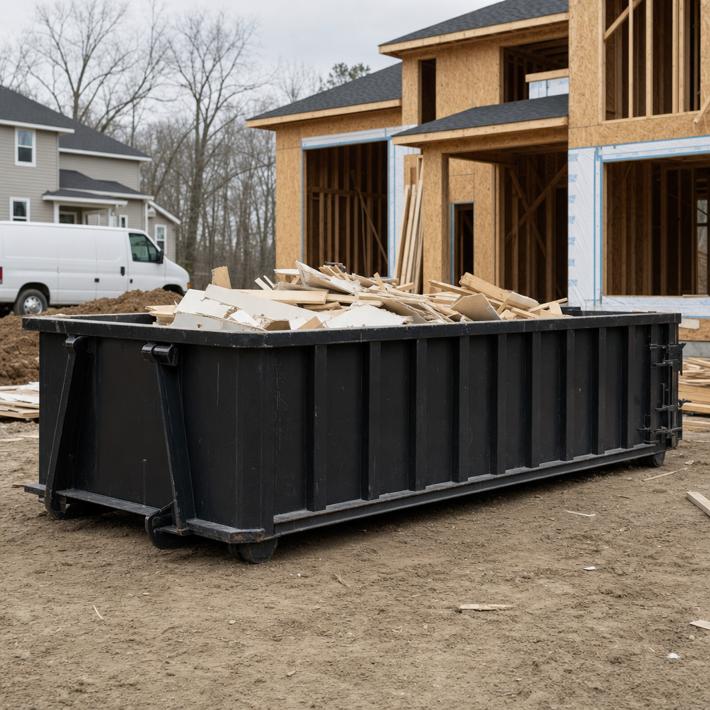 Worker in a yellow high-visibility vest tossing framing lumber and broken drywall into a matte-black 30-yard construction roll-off dumpster on an active build site in Atlanta, bright daylight