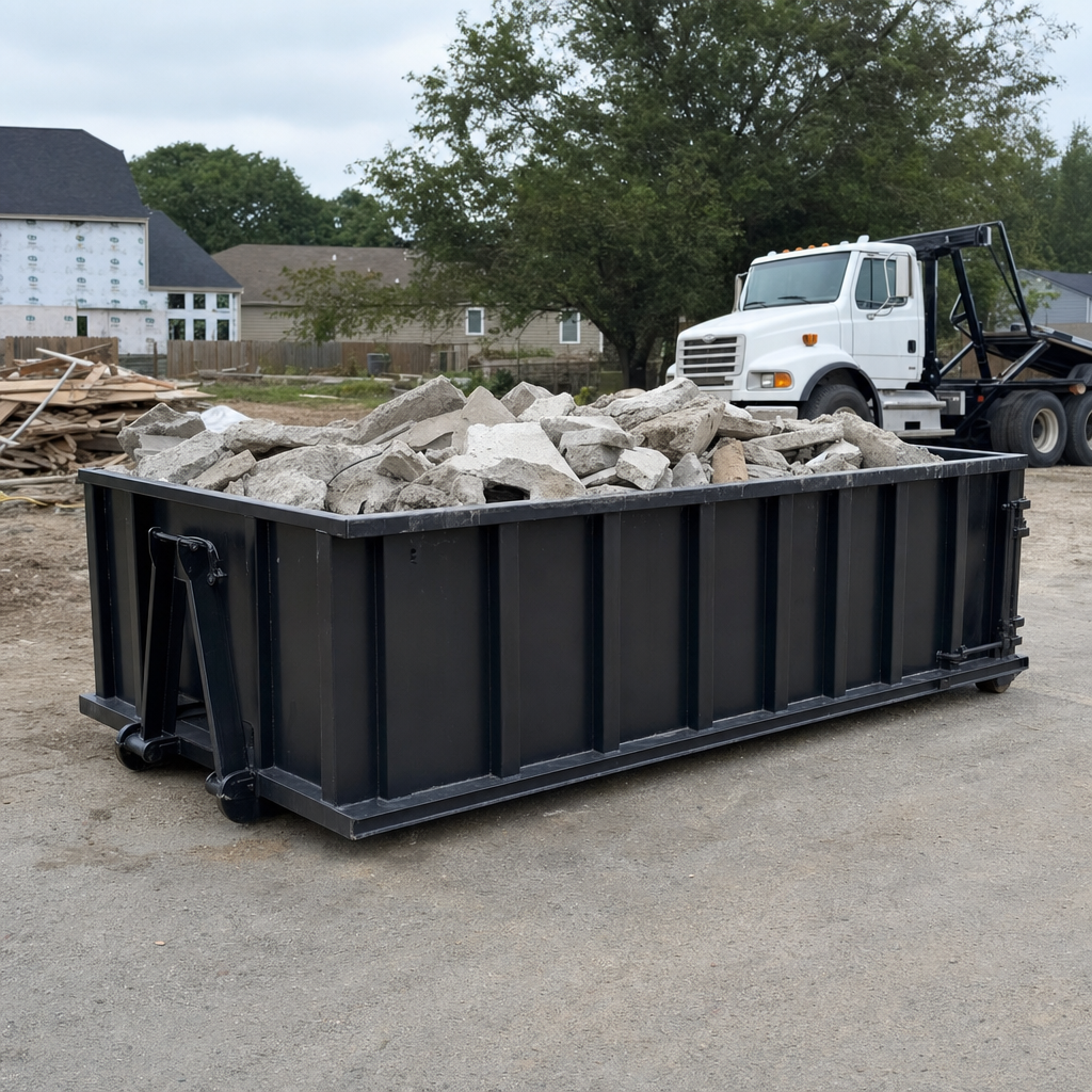 Low-profile matte-black lowboy roll-off dumpster loaded with broken concrete slab and rebar at a foundation tear-out in Atlanta, skid steer parked beside it, sunny Colorado morning
