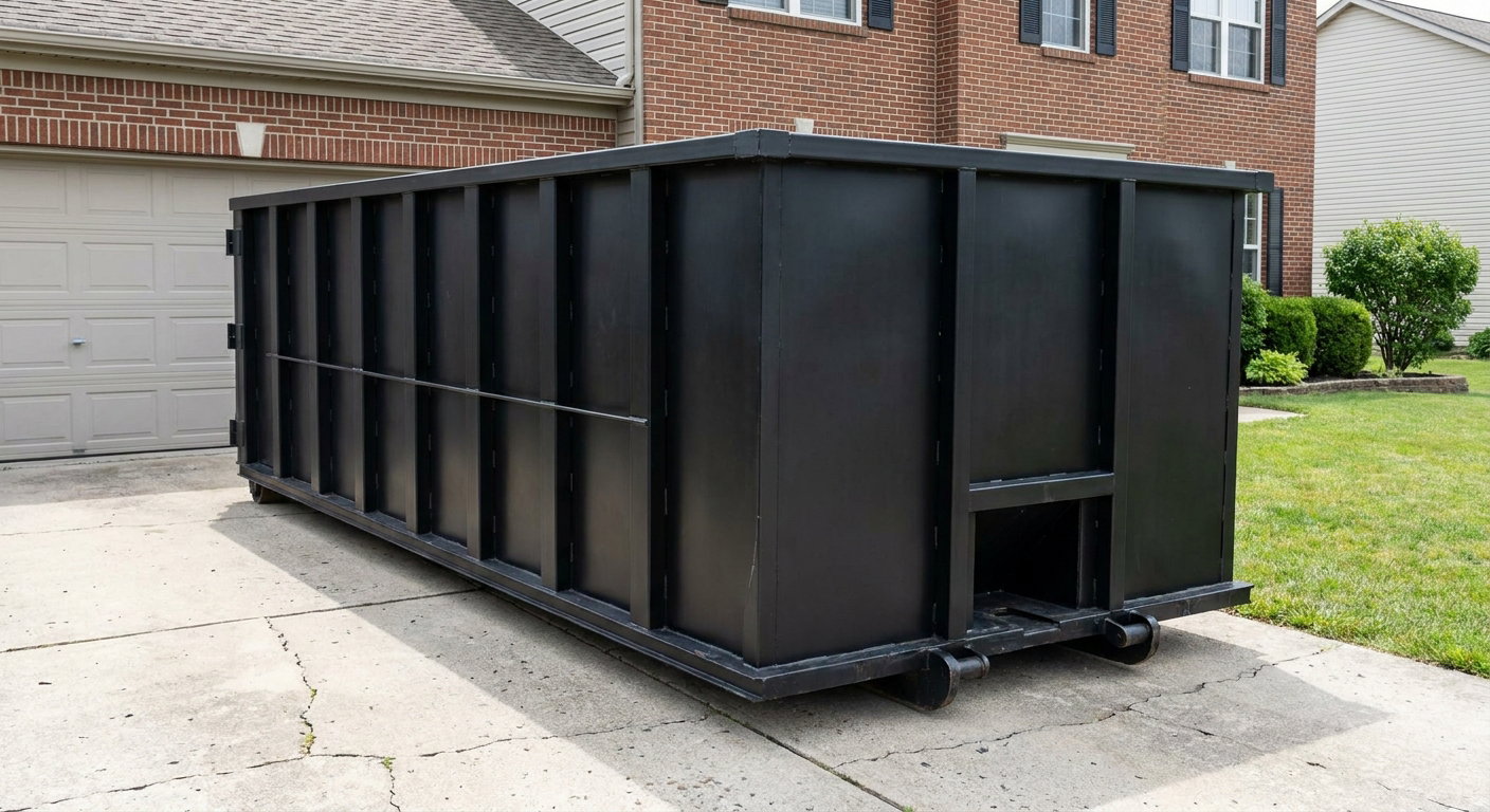 Matte-black 20-yard roll-off container on a Atlanta residential concrete driveway with reinforced ribbed steel sidewalls and a hinged rear walk-in door, clean bright daylight.