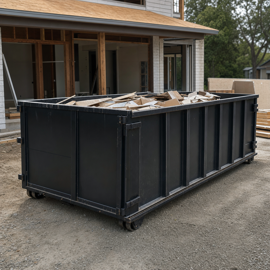 Large matte-black 30-yard construction roll-off dumpster at an active Atlanta jobsite, steel-gray top rails and bottom rollers visible, loaded with construction debris.