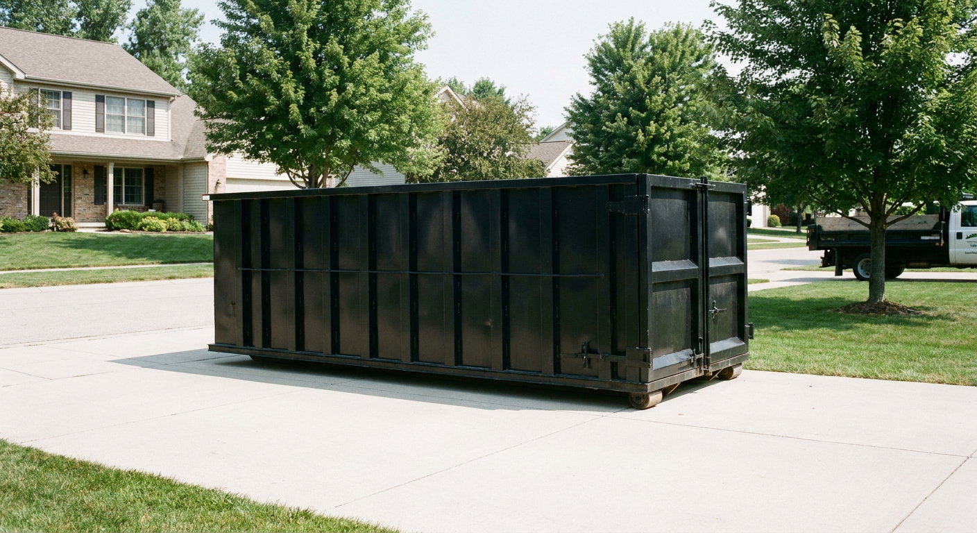 Matte-black 20-yard roll-off dumpster sitting level on a clean Atlanta residential concrete driveway under bright daylight, demonstrating clean placement directly on the concrete.