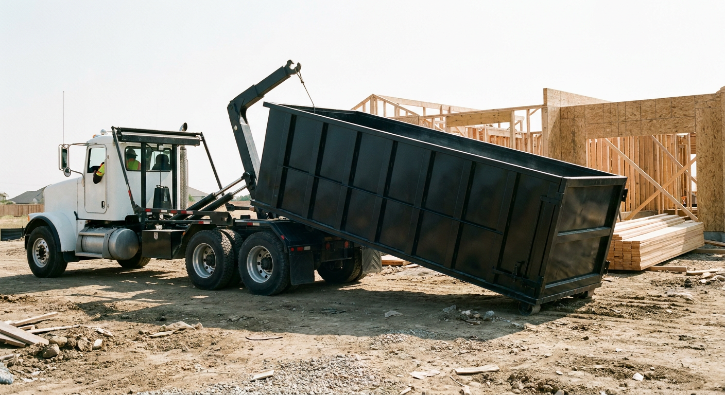 Matte-black roll-off dumpster being delivered onto a clean residential concrete driveway in Atlanta by an unmarked white hooklift hauler truck, bright morning daylight, documentary 35mm perspective.