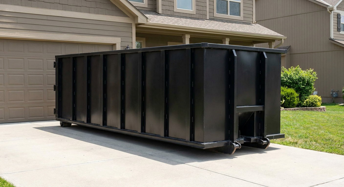 Matte-black residential roll-off dumpster sitting directly on a suburban Atlanta concrete driveway, garage door closed, single-family home in background, bright morning daylight.