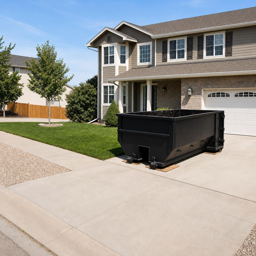 10-yard matte-black residential dumpster placed directly on a narrow Atlanta concrete driveway, room remains for a parked sedan beside it, mid-morning natural light