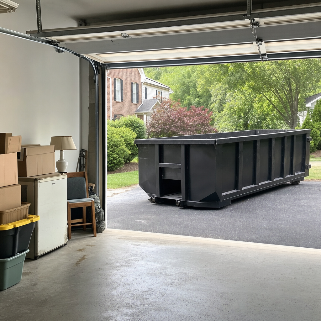 Open garage interior in a Atlanta home mid-cleanout — boxed items, an old appliance, and stacked yard tools queued near the driveway for a matte-black roll-off dumpster, organized and calm