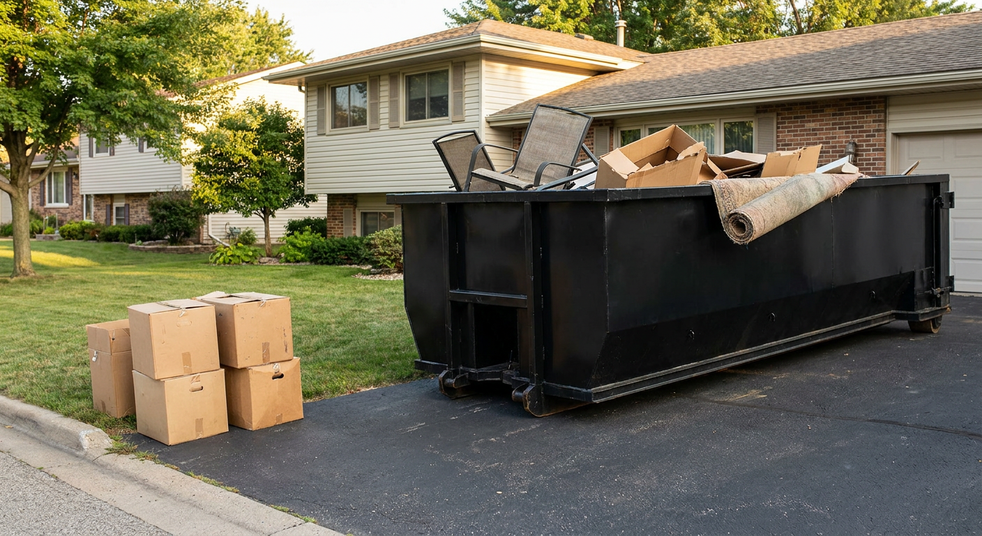 Front-yard view of a Atlanta split-level home with a 20-yard matte-black roll-off dumpster sitting directly on the asphalt driveway, a few clearly labeled donation boxes staged at the curb, calm sunny afternoon.