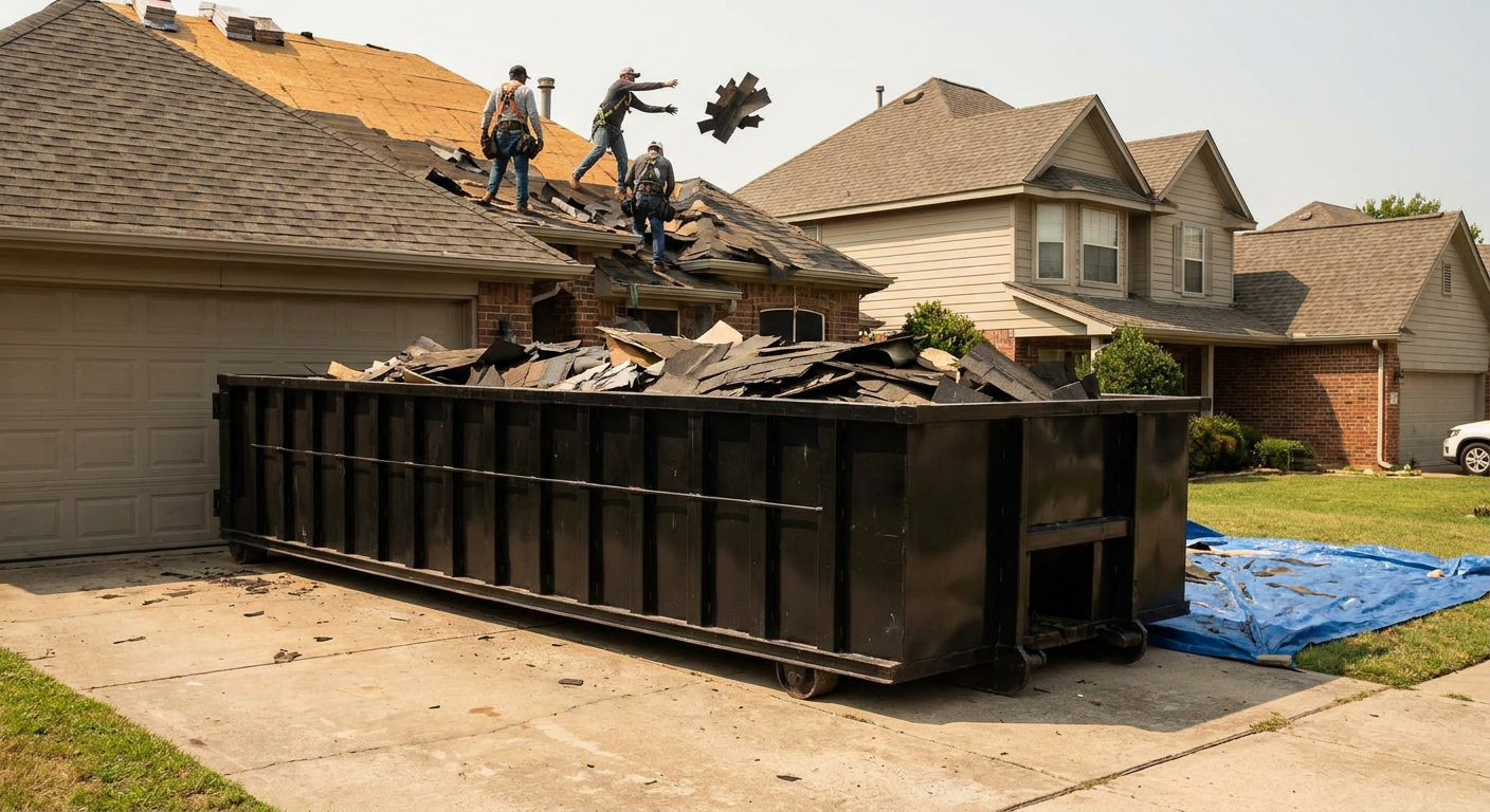 Matte-black roofing roll-off dumpster placed directly on a Atlanta residential concrete driveway, a tear-off crew on a two-story asphalt-shingle roof tossing shingle bundles into the low-walled container, bright daylight, documentary 35mm perspective.