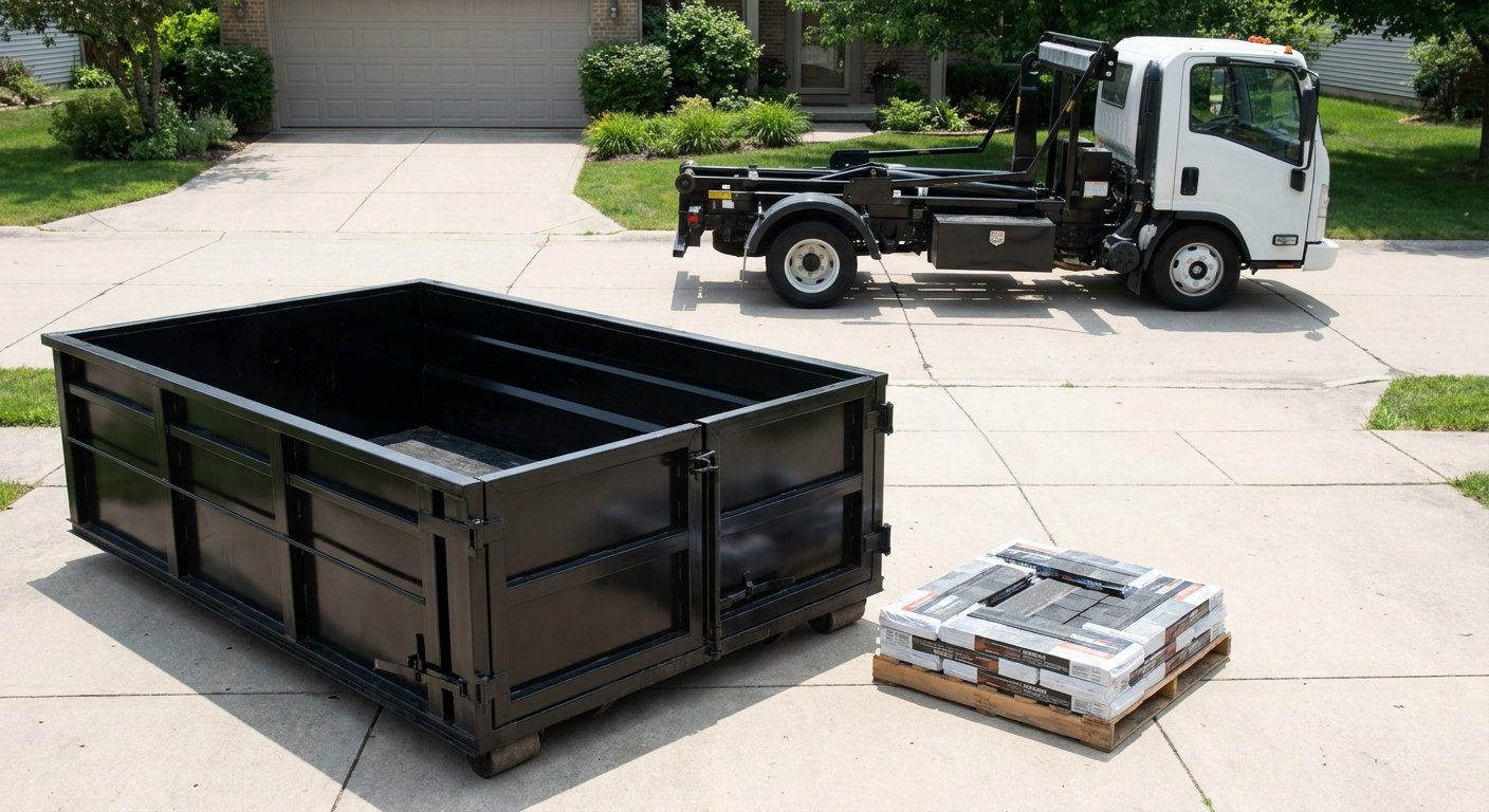 Matte-black 15-yard roofing roll-off dumpster with reinforced low side walls sitting directly on a Atlanta residential concrete driveway, three-tab asphalt shingle bundles stacked nearby, an unmarked white hauler truck partially visible at the edge of the frame.