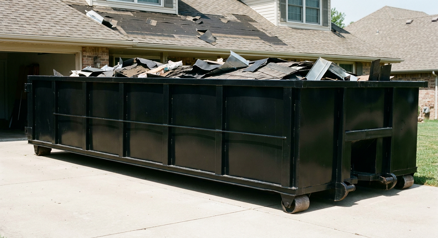 Matte-black 20-yard roofing roll-off dumpster with steel ribbed sides and swinging rear door, sitting directly on the concrete driveway of a two-story Atlanta home, asphalt shingle debris being loaded over the low wall, clean documentary lighting.