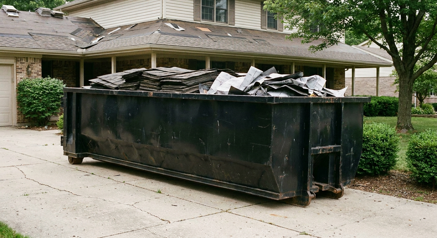 Matte-black 30-yard roofing roll-off dumpster sitting directly on a Atlanta concrete driveway, taller ribbed steel side panels, mixed tear-off debris of asphalt shingles and underlayment inside, professional documentary daylight.