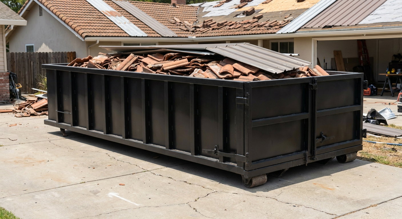 Matte-black low-wall heavy-debris roofing roll-off dumpster sitting directly on a Atlanta concrete driveway, broken concrete clay roof tiles and metal panel sections loaded inside, reinforced ribbed steel side walls visible, bright outdoor daylight.