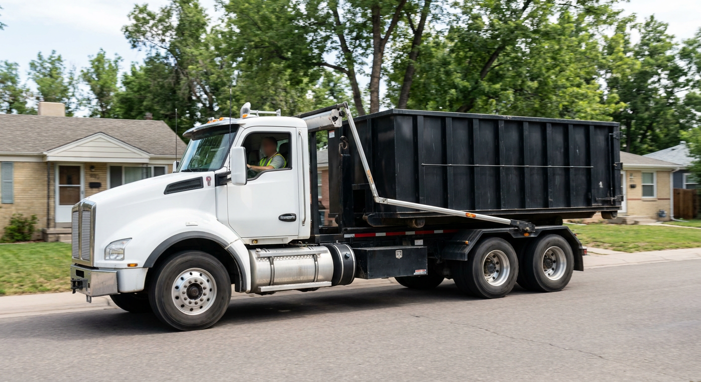 A wide documentary shot of a matte-black roll-off delivery truck pulling onto a quiet Atlanta residential street at mid-morning, with neighborhood rooftops and tree-lined blocks visible behind, showing the metro coverage footprint.