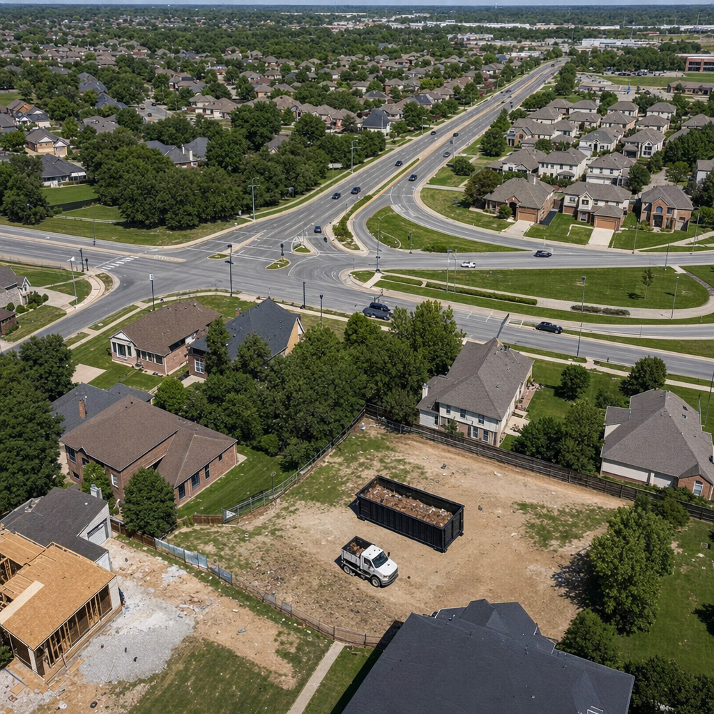 An overhead documentary view of the Atlanta metro area at midday, showing the spread of neighborhoods, arterial roads, and the dispatch radius from a central yard — clean daylight, organized geographic layout.