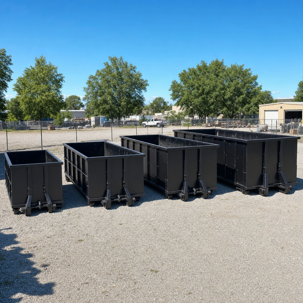 A clean lineup of matte-black roll-off dumpsters in 10, 20, 30, and 40-yard sizes staged on a sunlit gravel yard in Atlanta, showing the size progression from compact to commercial-scale containers.