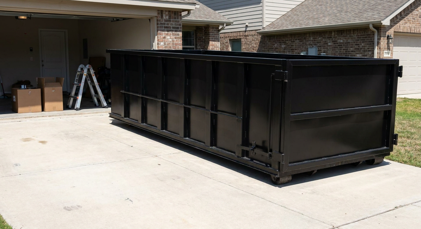 A matte-black 10-yard roll-off dumpster sitting directly on a residential Atlanta concrete driveway, mid-day sunlight, clean and ready for a garage cleanout.