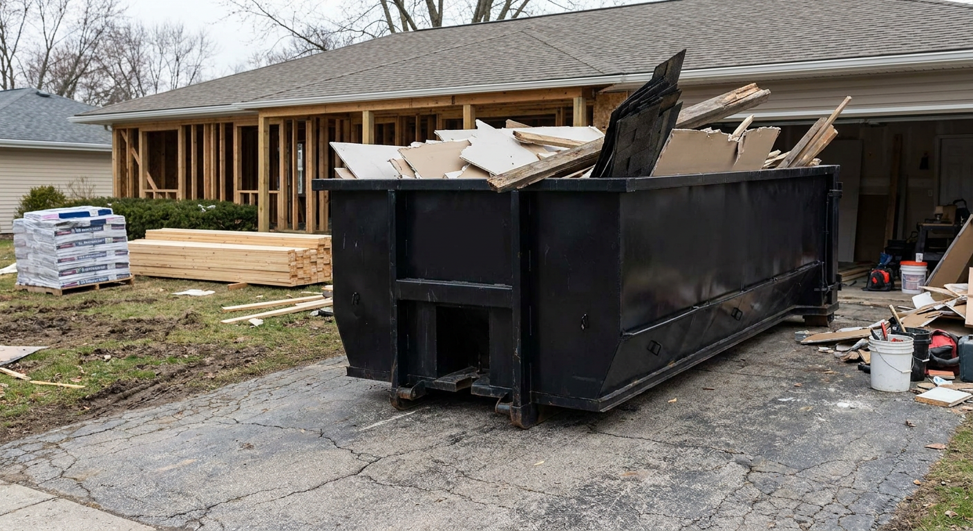 A matte-black 20-yard roll-off dumpster placed alongside a mid-renovation Atlanta home directly on the asphalt driveway, with framing materials and torn-off shingles staged neatly nearby.