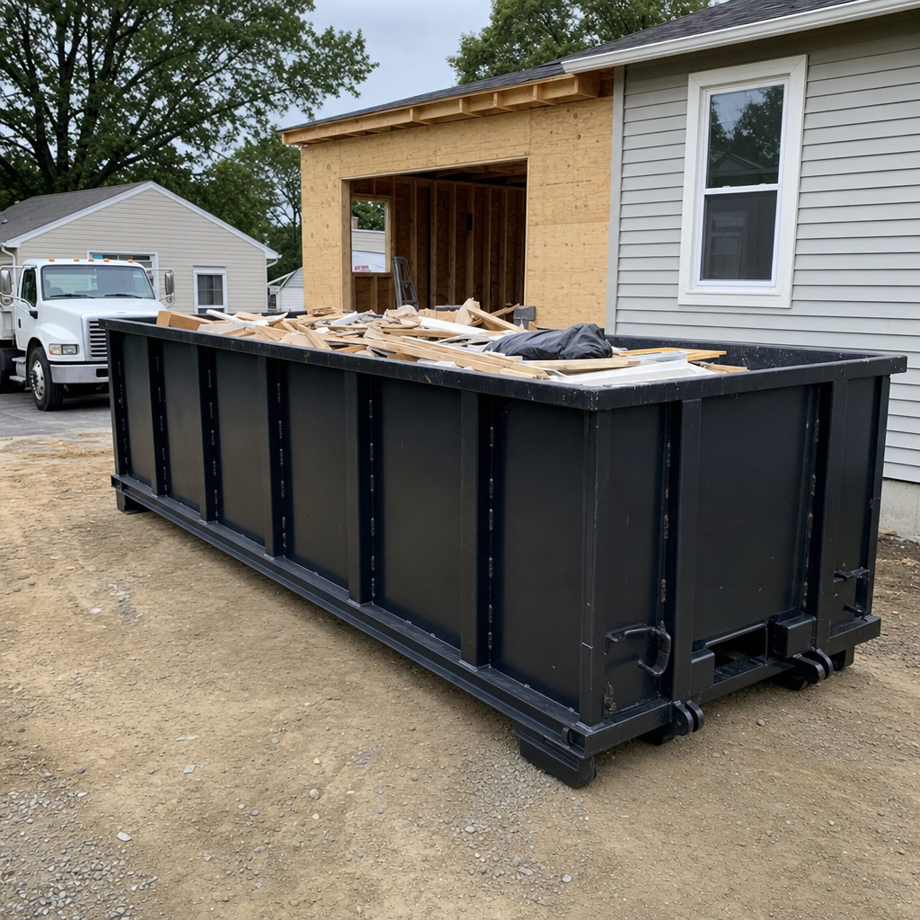 A matte-black 30-yard roll-off dumpster positioned at a Atlanta residential addition jobsite, with framing lumber and drywall scraps loaded through the open swinging rear doors.