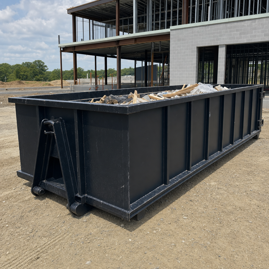 A matte-black 40-yard roll-off dumpster staged on a large Atlanta commercial construction lot, with a hooklift delivery truck parked alongside under bright midday sky.