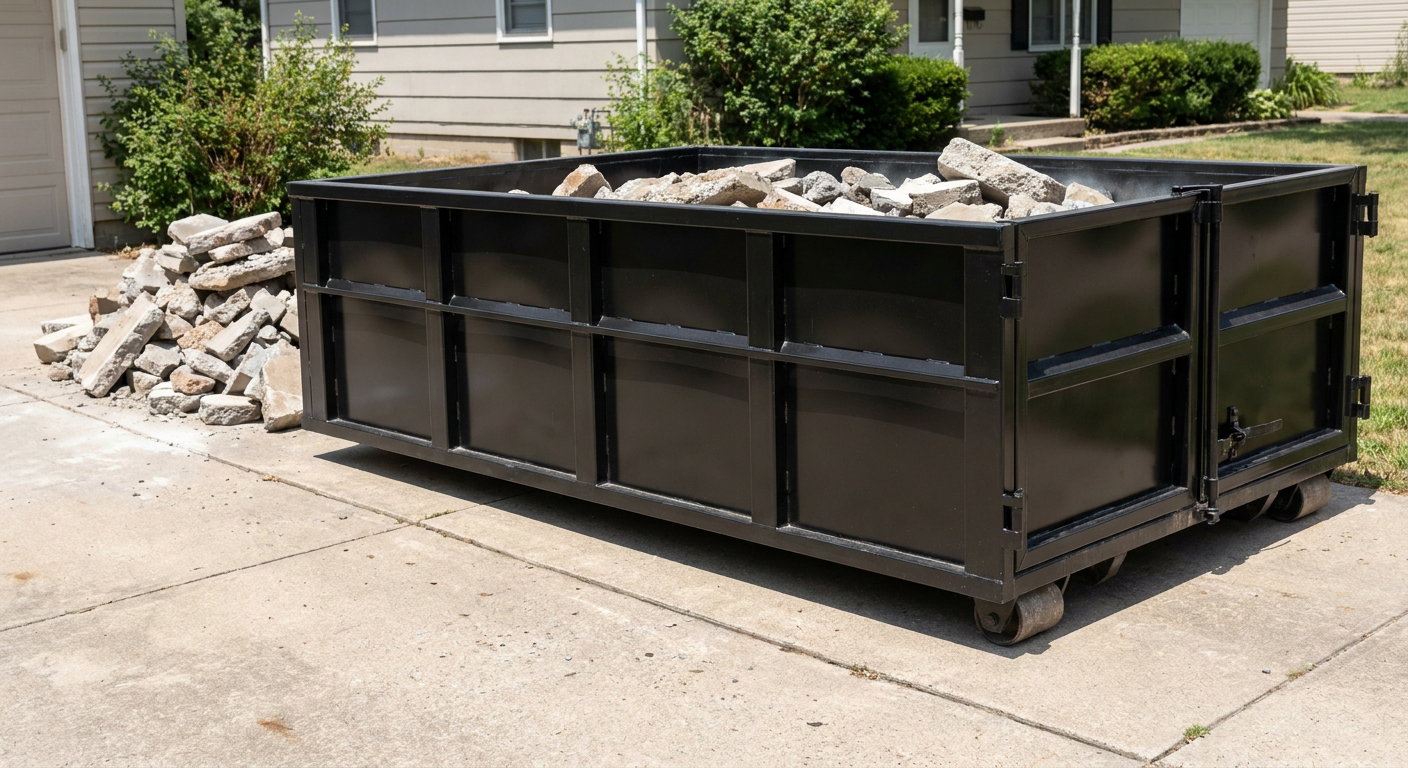 A matte-black low-side heavy-debris roll-off dumpster placed directly on a Atlanta concrete driveway, with broken concrete chunks neatly stacked beside it under clean daylight.